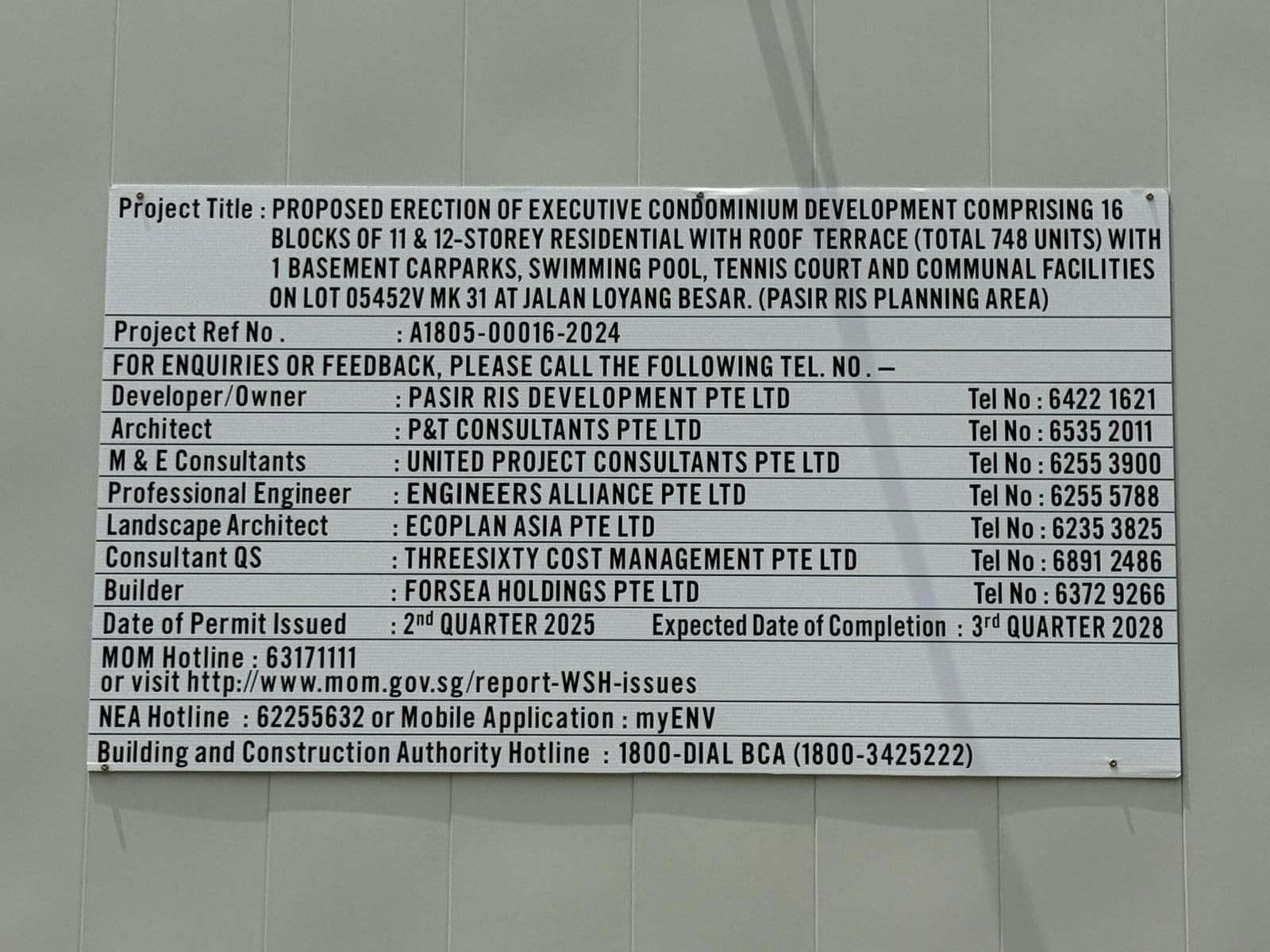 Coastal Cabana BCA Infoboard: Taken from construction site